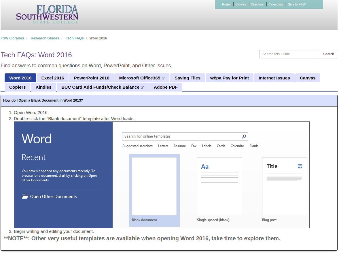 Screenshot of FSW Library LibGuide titled Tech FAQs.